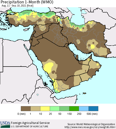 Middle East and Turkey Precipitation 1-Month (WMO) Thematic Map For 8/11/2021 - 9/10/2021