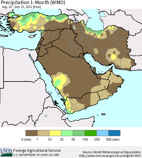 Middle East and Turkey Precipitation 1-Month (WMO) Thematic Map For 8/16/2021 - 9/15/2021