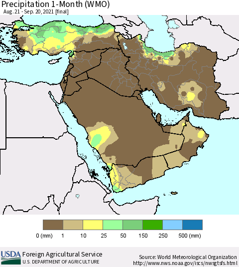 Middle East and Turkey Precipitation 1-Month (WMO) Thematic Map For 8/21/2021 - 9/20/2021