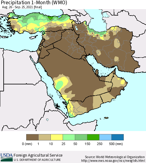 Middle East and Turkey Precipitation 1-Month (WMO) Thematic Map For 8/26/2021 - 9/25/2021