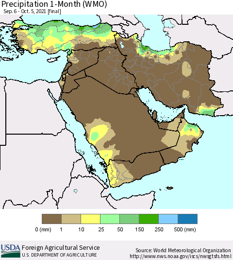 Middle East and Turkey Precipitation 1-Month (WMO) Thematic Map For 9/6/2021 - 10/5/2021