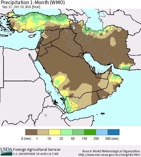 Middle East and Turkey Precipitation 1-Month (WMO) Thematic Map For 9/11/2021 - 10/10/2021