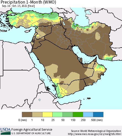 Middle East and Turkey Precipitation 1-Month (WMO) Thematic Map For 9/16/2021 - 10/15/2021