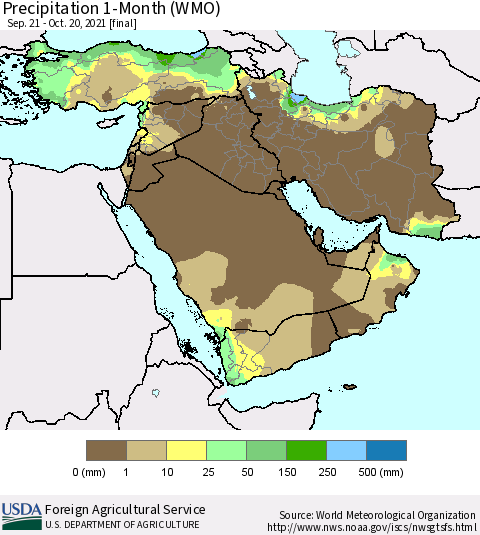 Middle East and Turkey Precipitation 1-Month (WMO) Thematic Map For 9/21/2021 - 10/20/2021