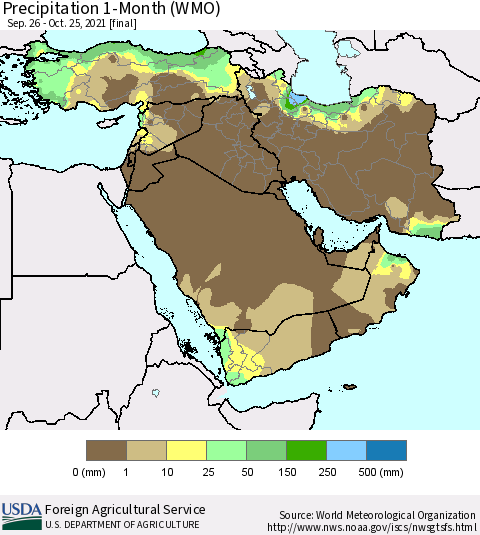 Middle East and Turkey Precipitation 1-Month (WMO) Thematic Map For 9/26/2021 - 10/25/2021