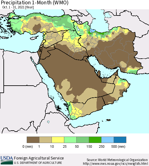Middle East and Turkey Precipitation 1-Month (WMO) Thematic Map For 10/1/2021 - 10/31/2021