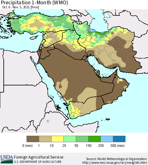 Middle East and Turkey Precipitation 1-Month (WMO) Thematic Map For 10/6/2021 - 11/5/2021