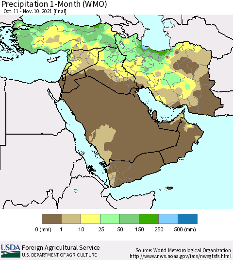 Middle East and Turkey Precipitation 1-Month (WMO) Thematic Map For 10/11/2021 - 11/10/2021