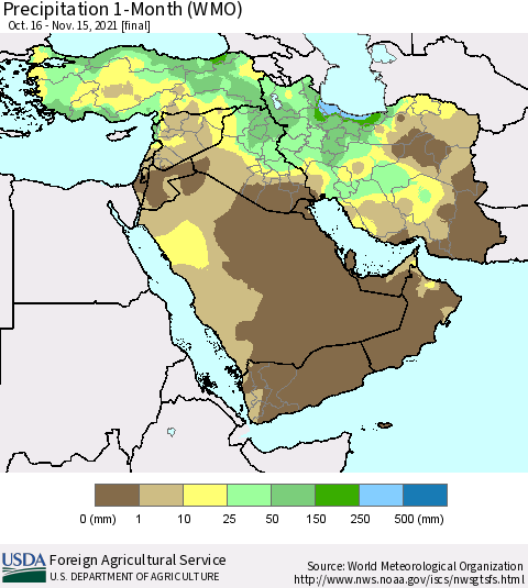 Middle East and Turkey Precipitation 1-Month (WMO) Thematic Map For 10/16/2021 - 11/15/2021