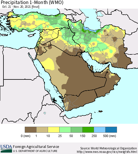 Middle East and Turkey Precipitation 1-Month (WMO) Thematic Map For 10/21/2021 - 11/20/2021