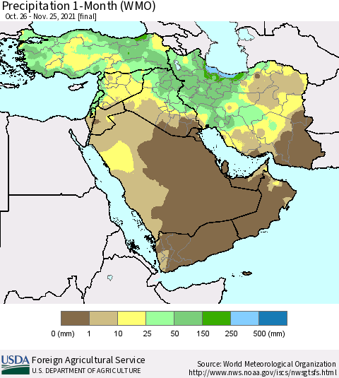 Middle East and Turkey Precipitation 1-Month (WMO) Thematic Map For 10/26/2021 - 11/25/2021