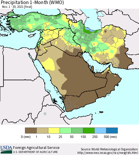 Middle East and Turkey Precipitation 1-Month (WMO) Thematic Map For 11/1/2021 - 11/30/2021