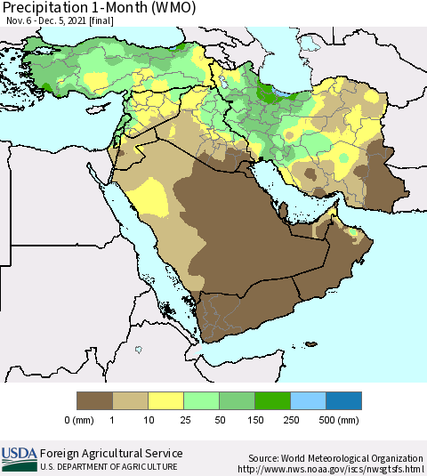 Middle East and Turkey Precipitation 1-Month (WMO) Thematic Map For 11/6/2021 - 12/5/2021