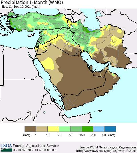 Middle East and Turkey Precipitation 1-Month (WMO) Thematic Map For 11/11/2021 - 12/10/2021