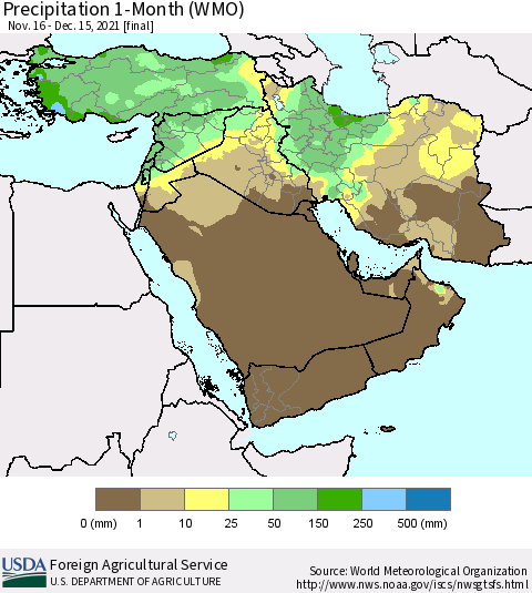 Middle East and Turkey Precipitation 1-Month (WMO) Thematic Map For 11/16/2021 - 12/15/2021