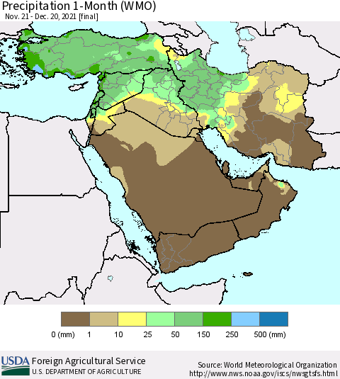 Middle East and Turkey Precipitation 1-Month (WMO) Thematic Map For 11/21/2021 - 12/20/2021