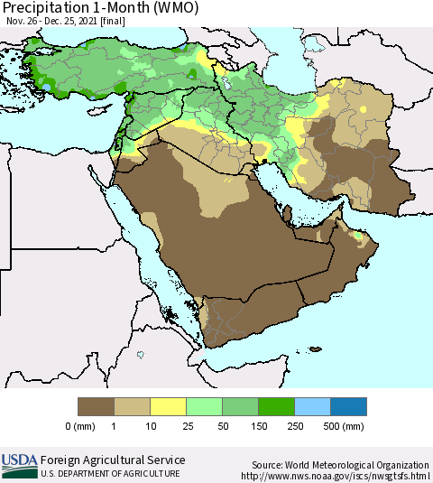 Middle East and Turkey Precipitation 1-Month (WMO) Thematic Map For 11/26/2021 - 12/25/2021