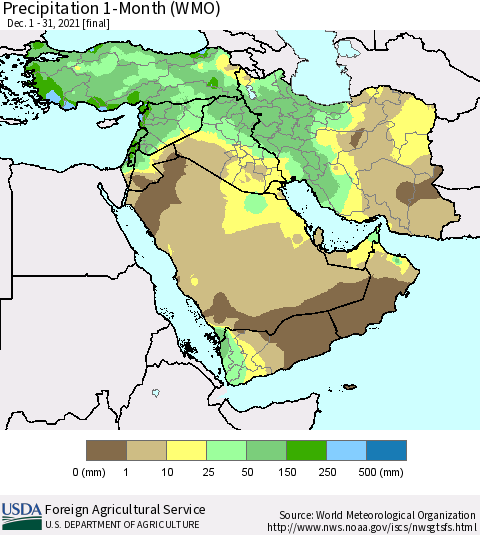 Middle East and Turkey Precipitation 1-Month (WMO) Thematic Map For 12/1/2021 - 12/31/2021