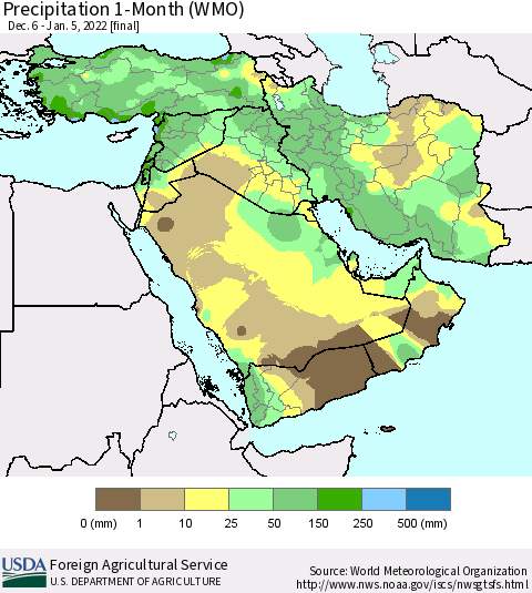 Middle East and Turkey Precipitation 1-Month (WMO) Thematic Map For 12/6/2021 - 1/5/2022