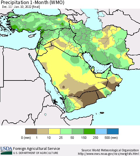 Middle East and Turkey Precipitation 1-Month (WMO) Thematic Map For 12/11/2021 - 1/10/2022