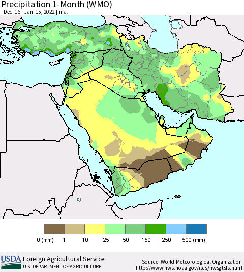 Middle East and Turkey Precipitation 1-Month (WMO) Thematic Map For 12/16/2021 - 1/15/2022