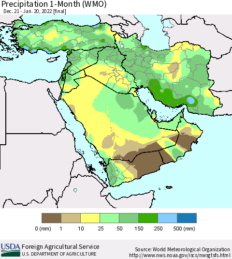 Middle East and Turkey Precipitation 1-Month (WMO) Thematic Map For 12/21/2021 - 1/20/2022