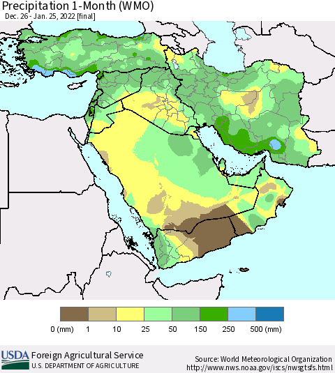 Middle East and Turkey Precipitation 1-Month (WMO) Thematic Map For 12/26/2021 - 1/25/2022