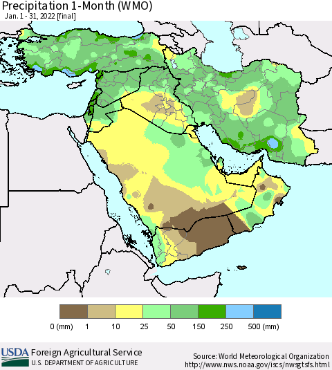 Middle East and Turkey Precipitation 1-Month (WMO) Thematic Map For 1/1/2022 - 1/31/2022