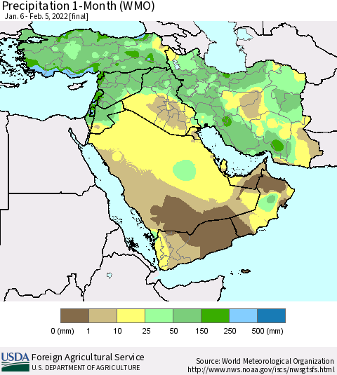 Middle East and Turkey Precipitation 1-Month (WMO) Thematic Map For 1/6/2022 - 2/5/2022
