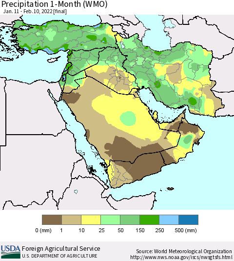Middle East and Turkey Precipitation 1-Month (WMO) Thematic Map For 1/11/2022 - 2/10/2022