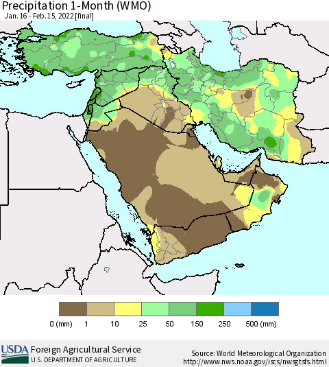 Middle East and Turkey Precipitation 1-Month (WMO) Thematic Map For 1/16/2022 - 2/15/2022