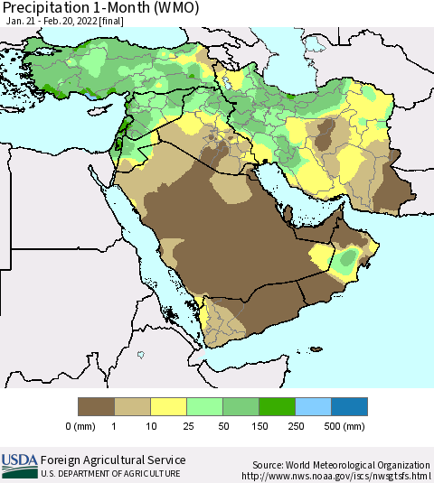 Middle East and Turkey Precipitation 1-Month (WMO) Thematic Map For 1/21/2022 - 2/20/2022