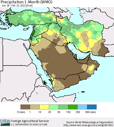 Middle East and Turkey Precipitation 1-Month (WMO) Thematic Map For 1/26/2022 - 2/25/2022
