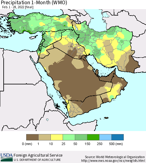 Middle East and Turkey Precipitation 1-Month (WMO) Thematic Map For 2/1/2022 - 2/28/2022