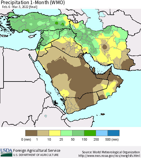Middle East and Turkey Precipitation 1-Month (WMO) Thematic Map For 2/6/2022 - 3/5/2022