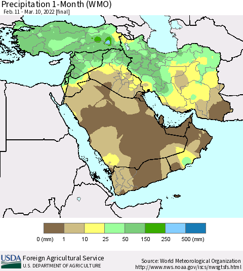 Middle East and Turkey Precipitation 1-Month (WMO) Thematic Map For 2/11/2022 - 3/10/2022