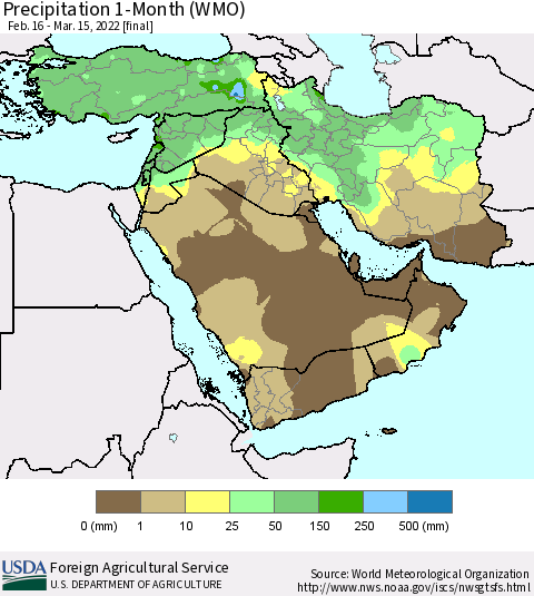 Middle East and Turkey Precipitation 1-Month (WMO) Thematic Map For 2/16/2022 - 3/15/2022