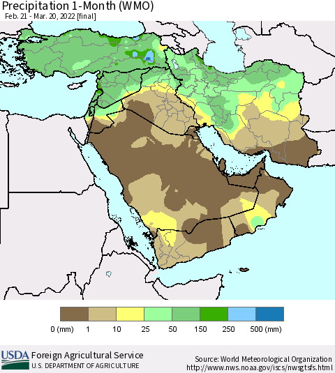 Middle East and Turkey Precipitation 1-Month (WMO) Thematic Map For 2/21/2022 - 3/20/2022