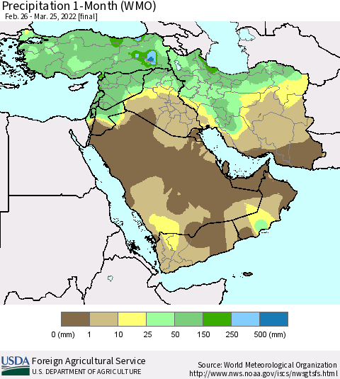 Middle East and Turkey Precipitation 1-Month (WMO) Thematic Map For 2/26/2022 - 3/25/2022