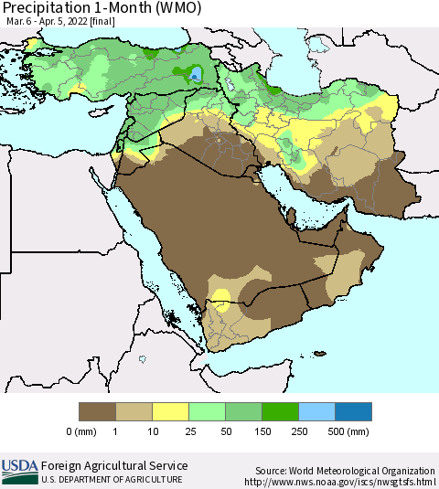 Middle East and Turkey Precipitation 1-Month (WMO) Thematic Map For 3/6/2022 - 4/5/2022