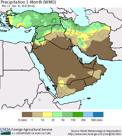 Middle East and Turkey Precipitation 1-Month (WMO) Thematic Map For 3/11/2022 - 4/10/2022