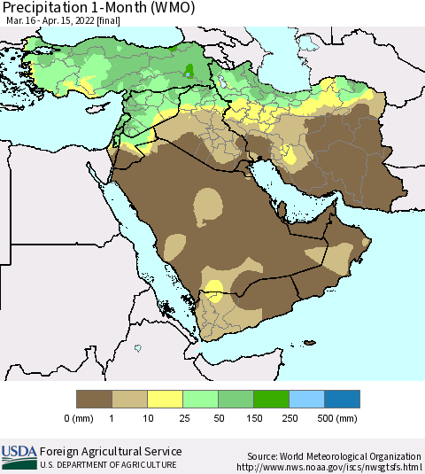 Middle East and Turkey Precipitation 1-Month (WMO) Thematic Map For 3/16/2022 - 4/15/2022