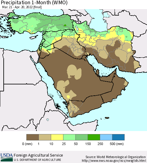 Middle East and Turkey Precipitation 1-Month (WMO) Thematic Map For 3/21/2022 - 4/20/2022