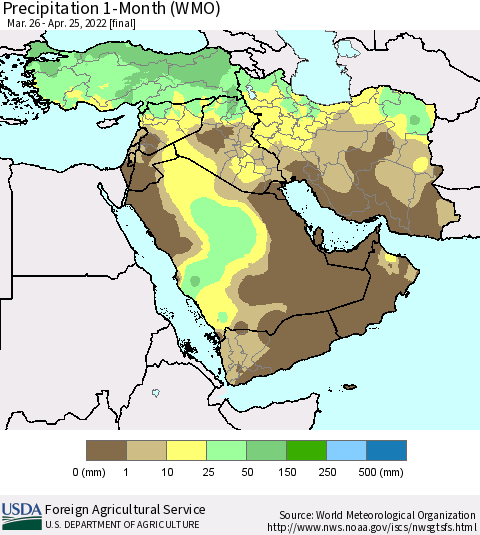 Middle East and Turkey Precipitation 1-Month (WMO) Thematic Map For 3/26/2022 - 4/25/2022
