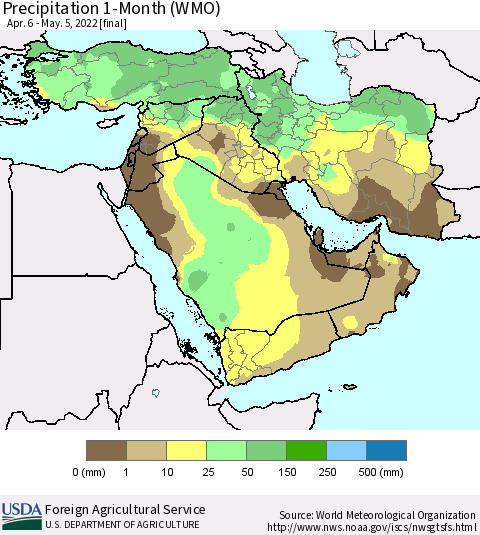 Middle East and Turkey Precipitation 1-Month (WMO) Thematic Map For 4/6/2022 - 5/5/2022
