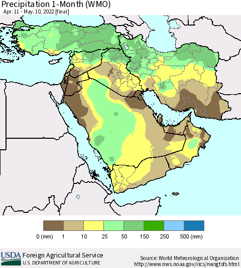 Middle East and Turkey Precipitation 1-Month (WMO) Thematic Map For 4/11/2022 - 5/10/2022