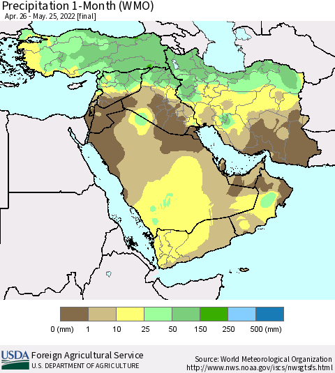 Middle East and Turkey Precipitation 1-Month (WMO) Thematic Map For 4/26/2022 - 5/25/2022