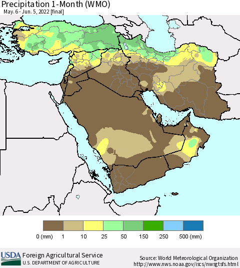 Middle East and Turkey Precipitation 1-Month (WMO) Thematic Map For 5/6/2022 - 6/5/2022