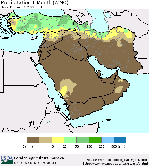 Middle East and Turkey Precipitation 1-Month (WMO) Thematic Map For 5/11/2022 - 6/10/2022