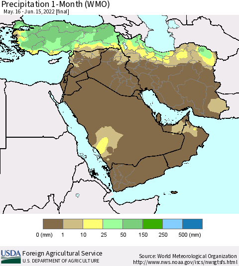 Middle East and Turkey Precipitation 1-Month (WMO) Thematic Map For 5/16/2022 - 6/15/2022